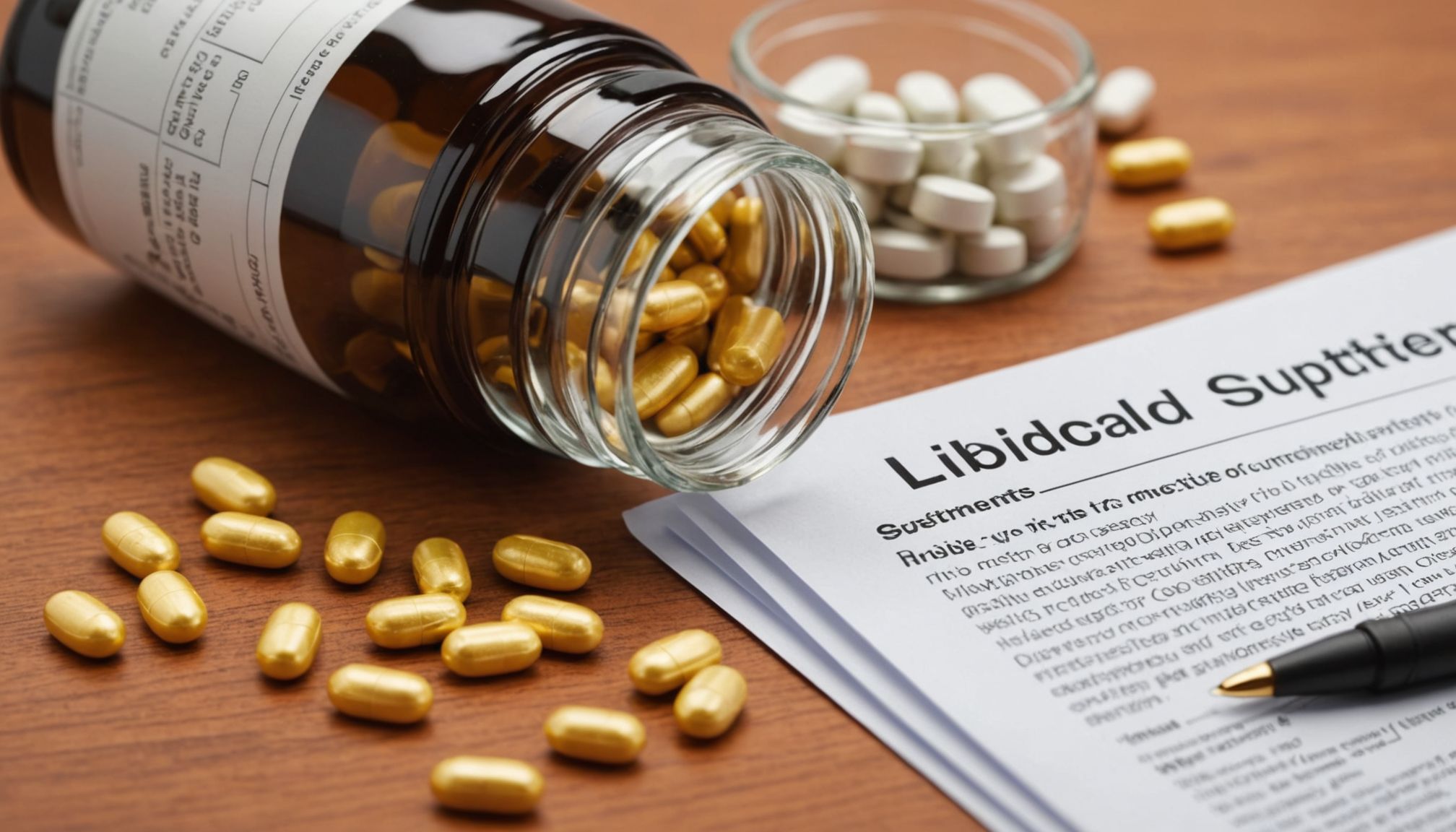Illustration of natural libido supplements with herbs, vitamins, and capsules alongside a checklist and glossary icons